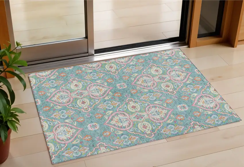 Teal Blue Pink And Orange Ogee Washable Indoor Outdoor Area Rug Photo 1