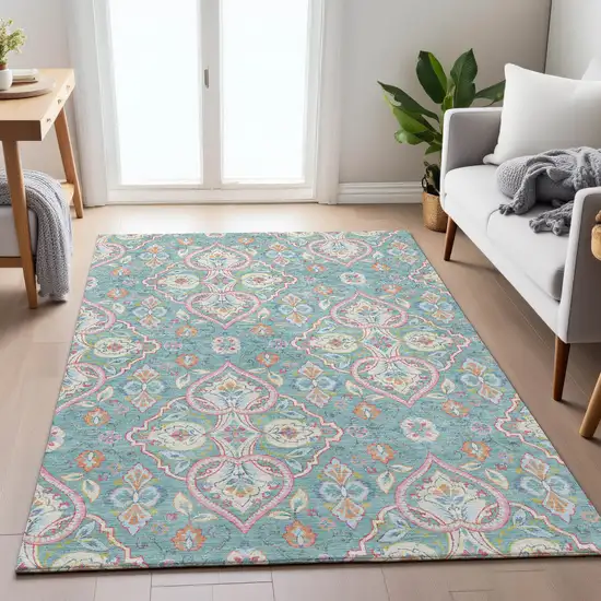 Teal Blue Pink And Orange Ogee Washable Indoor Outdoor Area Rug Photo 6