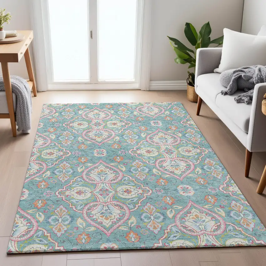 Teal Blue Pink And Orange Ogee Washable Indoor Outdoor Area Rug Photo 6