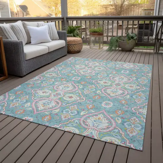 Teal Blue Pink And Orange Ogee Washable Indoor Outdoor Area Rug Photo 8