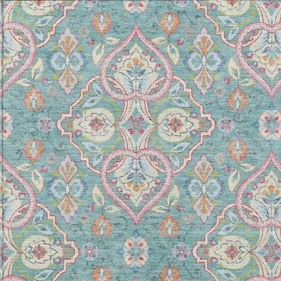 Teal Blue Pink And Orange Ogee Washable Indoor Outdoor Area Rug Photo 4