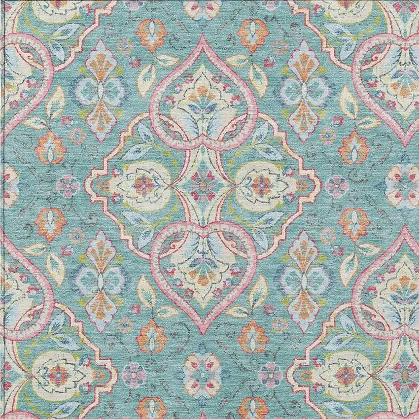 Teal Blue Pink And Orange Ogee Washable Indoor Outdoor Area Rug Photo 4