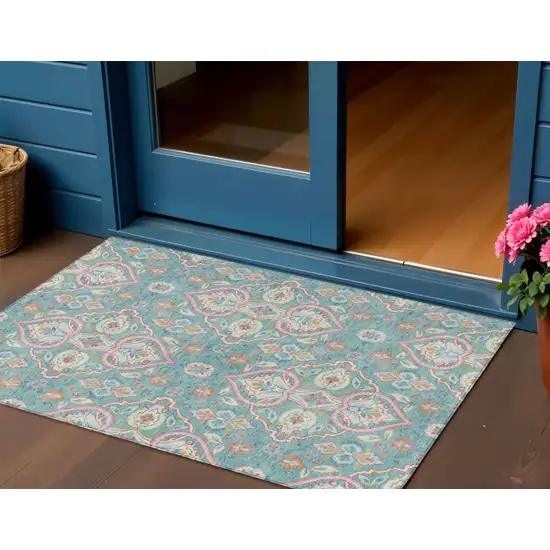 Teal Blue Pink And Orange Ogee Washable Indoor Outdoor Area Rug Photo 2