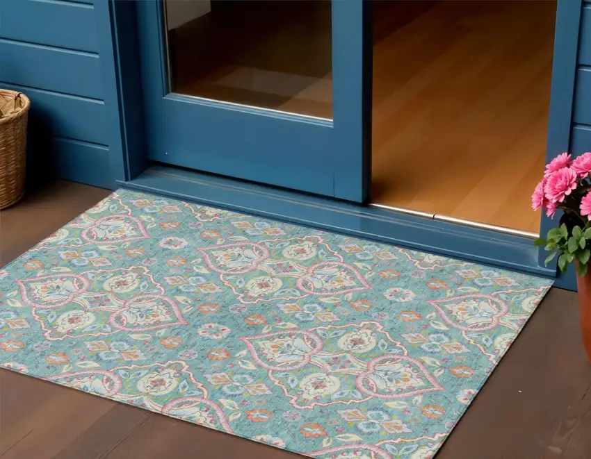 Teal Blue Pink And Orange Ogee Washable Indoor Outdoor Area Rug Photo 2