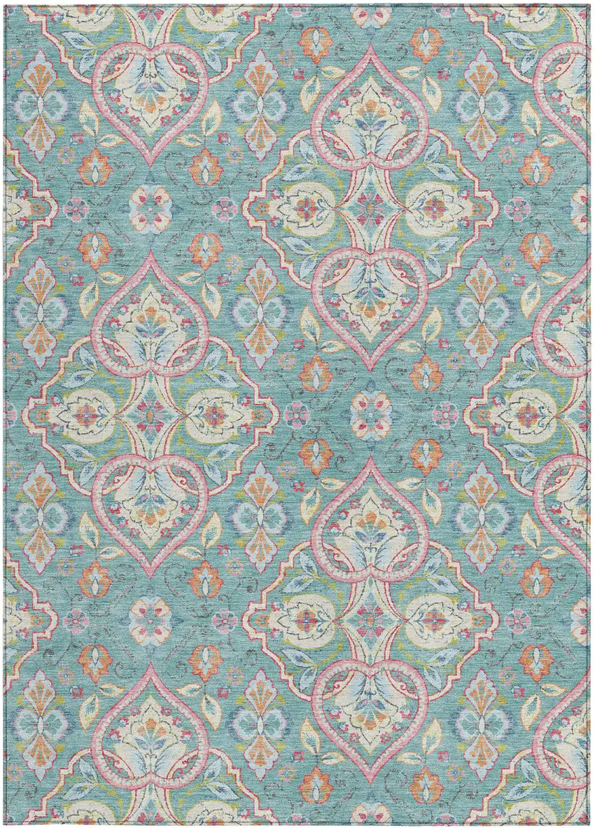 Teal Blue Pink And Orange Ogee Washable Indoor Outdoor Area Rug Photo 3