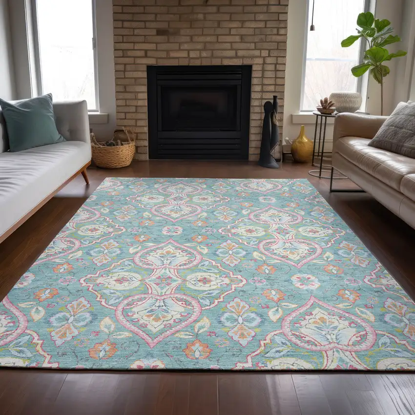 Teal Blue Pink And Orange Ogee Washable Indoor Outdoor Area Rug Photo 7