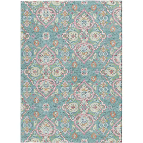 Teal Blue Pink And Orange Ogee Washable Indoor Outdoor Area Rug Photo 4