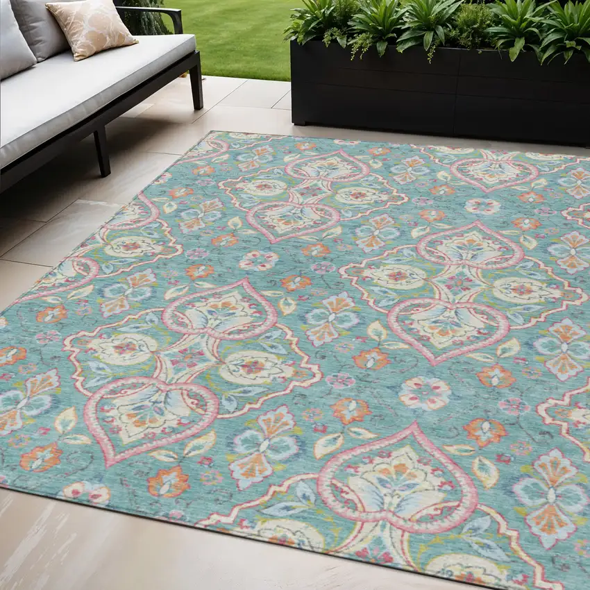 Teal Blue Pink And Orange Ogee Washable Indoor Outdoor Area Rug Photo 2