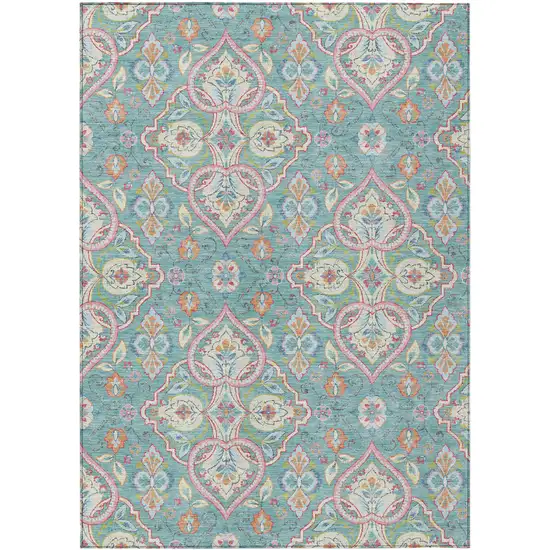 Teal Blue Pink And Orange Ogee Washable Indoor Outdoor Area Rug Photo 2