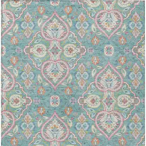 Photo of Teal Blue Pink And Orange Ogee Washable Indoor Outdoor Area Rug