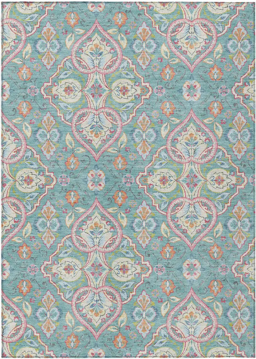 Teal Blue Pink And Orange Ogee Washable Indoor Outdoor Area Rug Photo 2