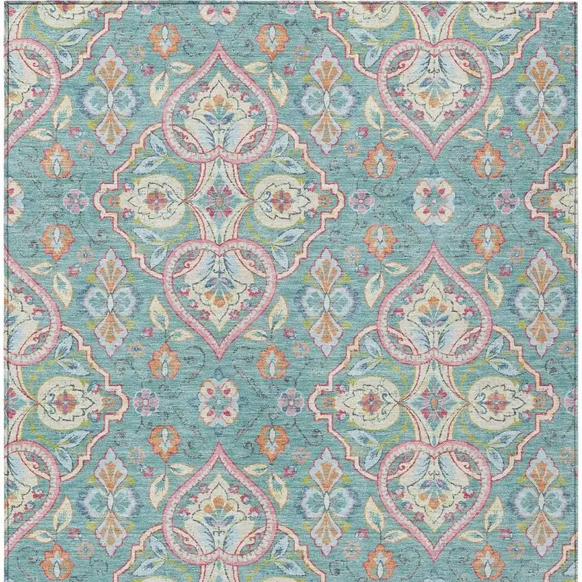 Teal Blue Pink And Orange Ogee Washable Indoor Outdoor Area Rug Photo 4