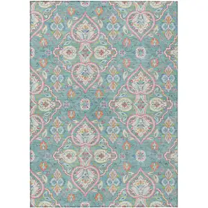 Photo of Teal Blue Pink And Orange Ogee Washable Indoor Outdoor Area Rug