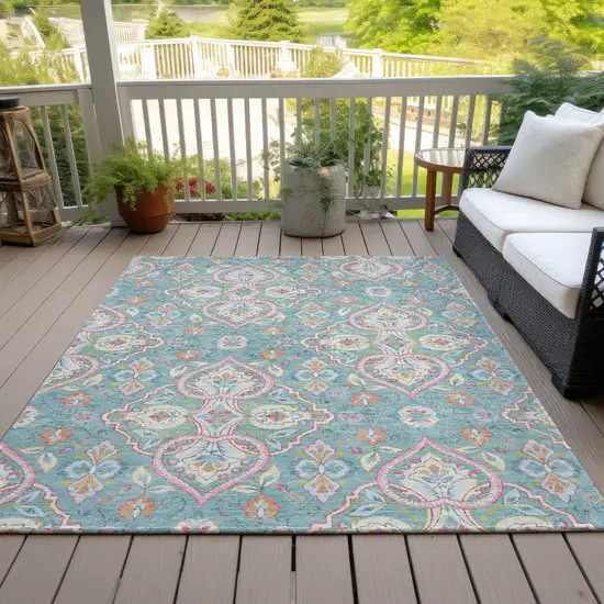 Teal Blue Pink And Orange Ogee Washable Indoor Outdoor Area Rug Photo 5