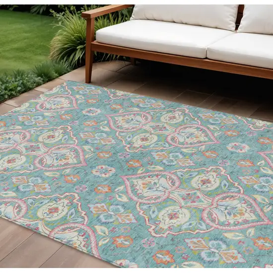 Teal Blue Pink And Orange Ogee Washable Indoor Outdoor Area Rug Photo 1