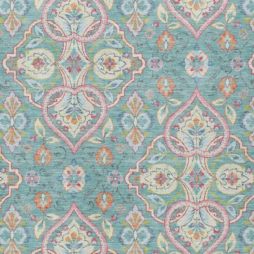 Teal Blue Pink And Orange Ogee Washable Indoor Outdoor Area Rug Photo 3