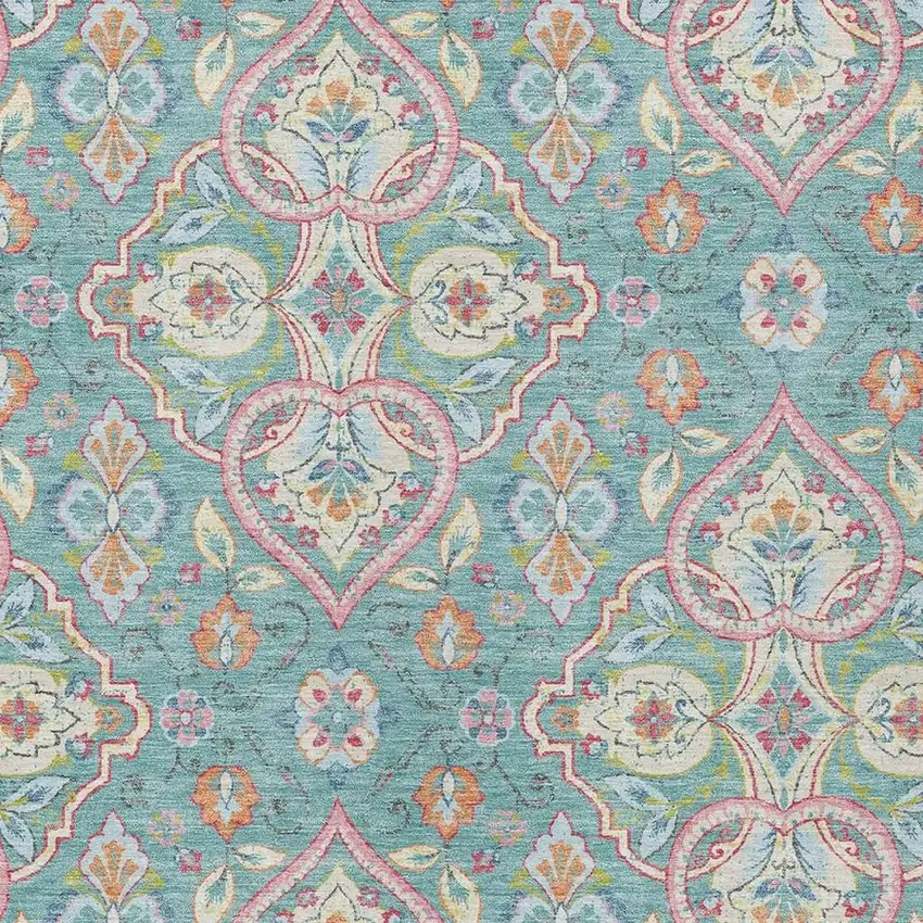 Teal Blue Pink And Orange Ogee Washable Indoor Outdoor Area Rug Photo 3