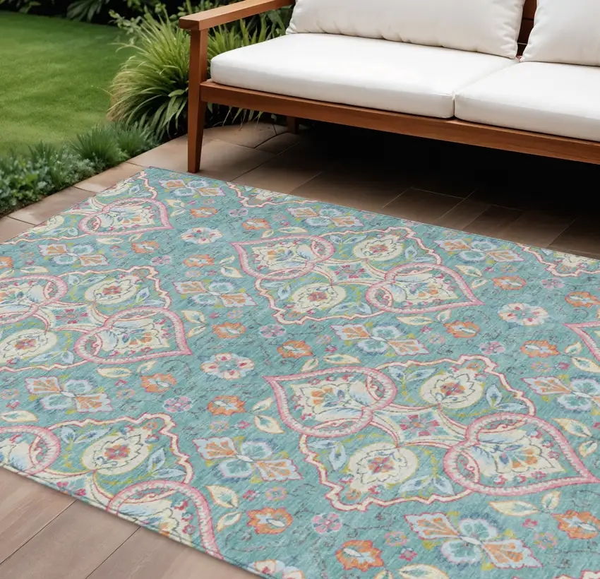 Teal Blue Pink And Orange Ogee Washable Indoor Outdoor Area Rug Photo 2
