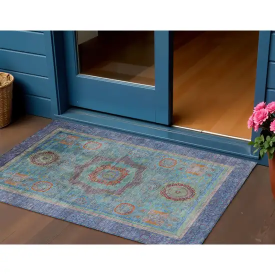 Teal Blue Plum And Copper Oriental Washable Indoor Outdoor Area Rug Photo 2