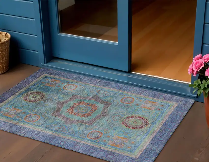 Teal Blue Plum And Copper Oriental Washable Indoor Outdoor Area Rug Photo 2