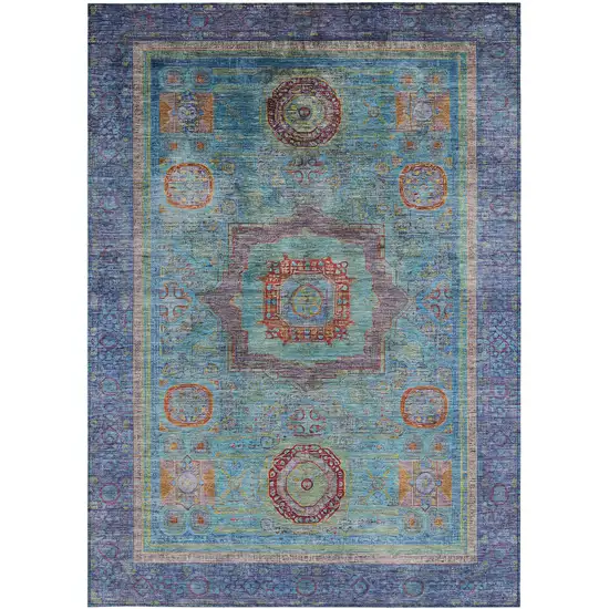Teal Blue Plum And Copper Oriental Washable Indoor Outdoor Area Rug Photo 3
