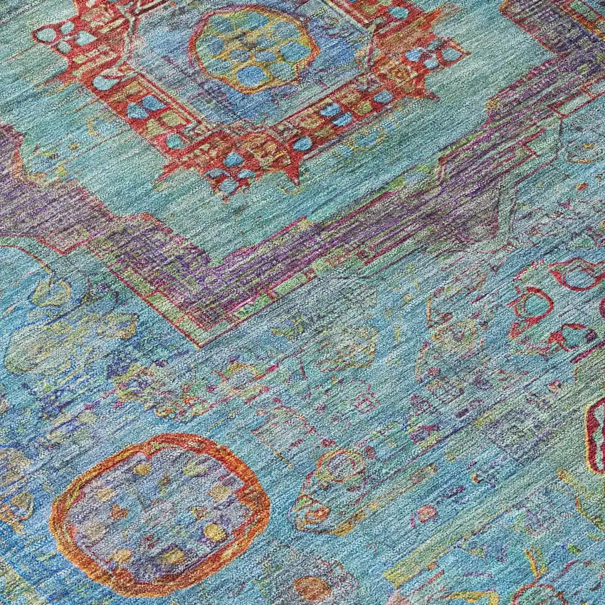Teal Blue Plum And Copper Oriental Washable Indoor Outdoor Area Rug Photo 6