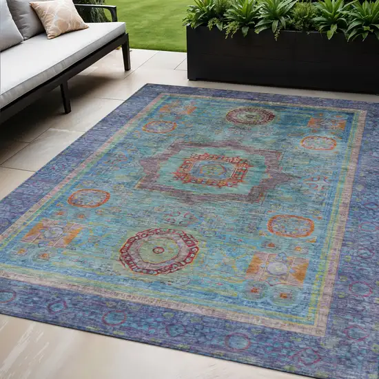 Teal Blue Plum And Copper Oriental Washable Indoor Outdoor Area Rug Photo 2