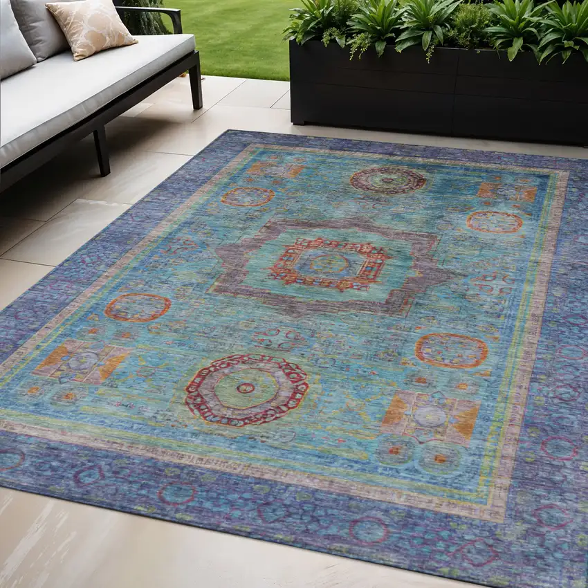 Teal Blue Plum And Copper Oriental Washable Indoor Outdoor Area Rug Photo 2