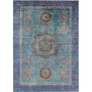 Photo of Teal Blue Plum And Copper Oriental Washable Indoor Outdoor Area Rug