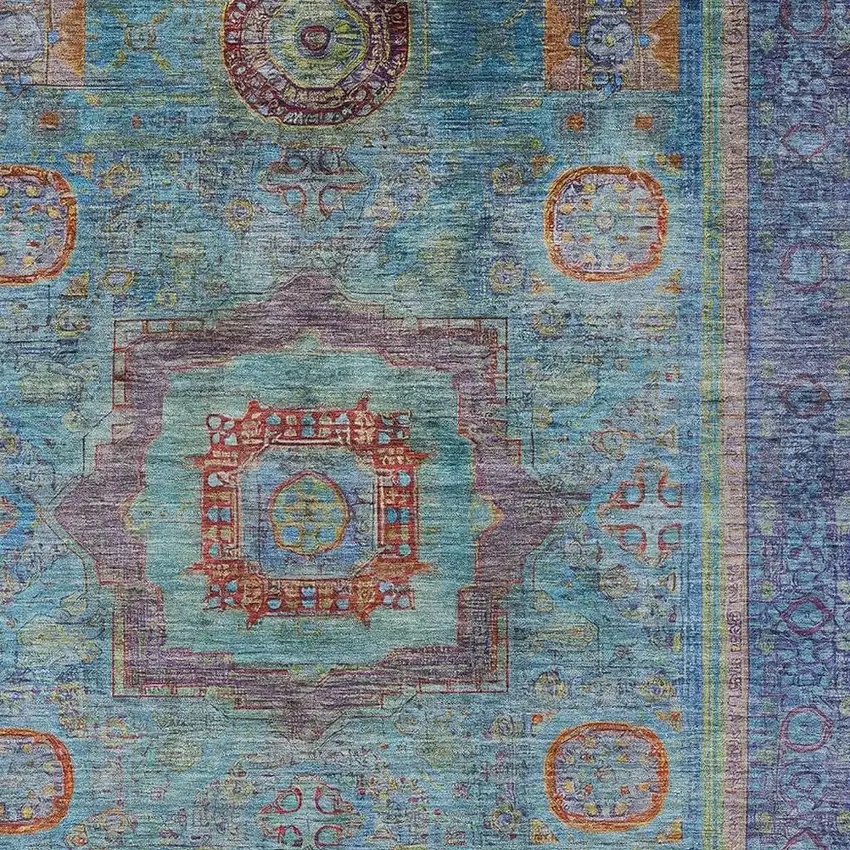 Teal Blue Plum And Copper Oriental Washable Indoor Outdoor Area Rug Photo 5