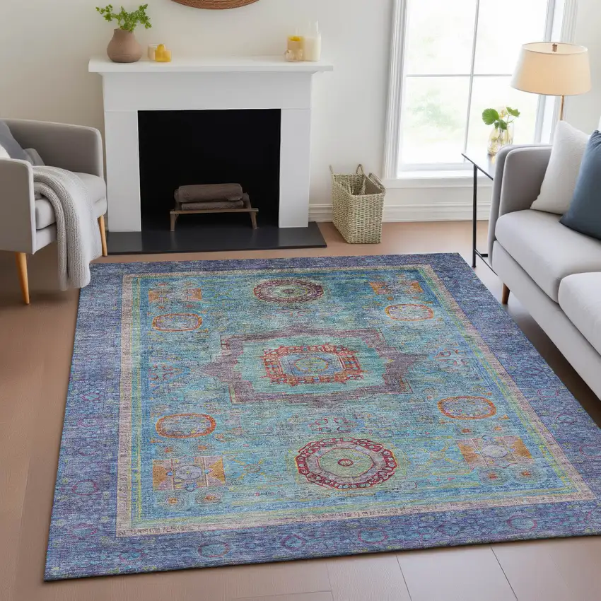 Teal Blue Plum And Copper Oriental Washable Indoor Outdoor Area Rug Photo 8