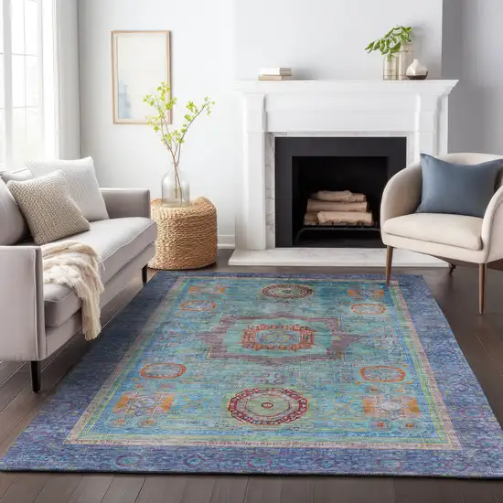 Teal Blue Plum And Copper Oriental Washable Indoor Outdoor Area Rug Photo 9