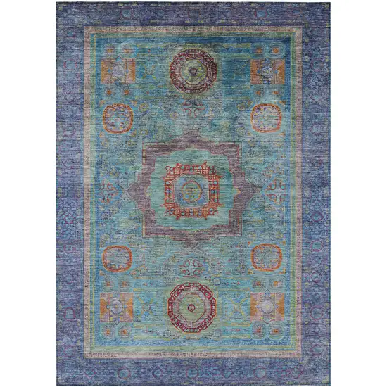 Teal Blue Plum And Copper Oriental Washable Indoor Outdoor Area Rug Photo 1