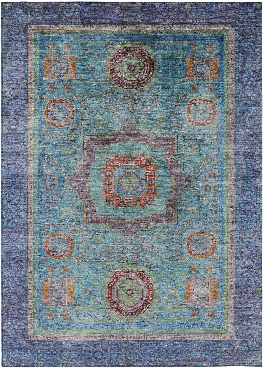 Teal Blue Plum And Copper Oriental Washable Indoor Outdoor Area Rug Photo 1