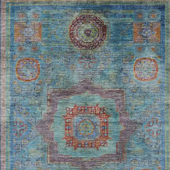 Teal Blue Plum And Copper Oriental Washable Indoor Outdoor Area Rug Photo 3
