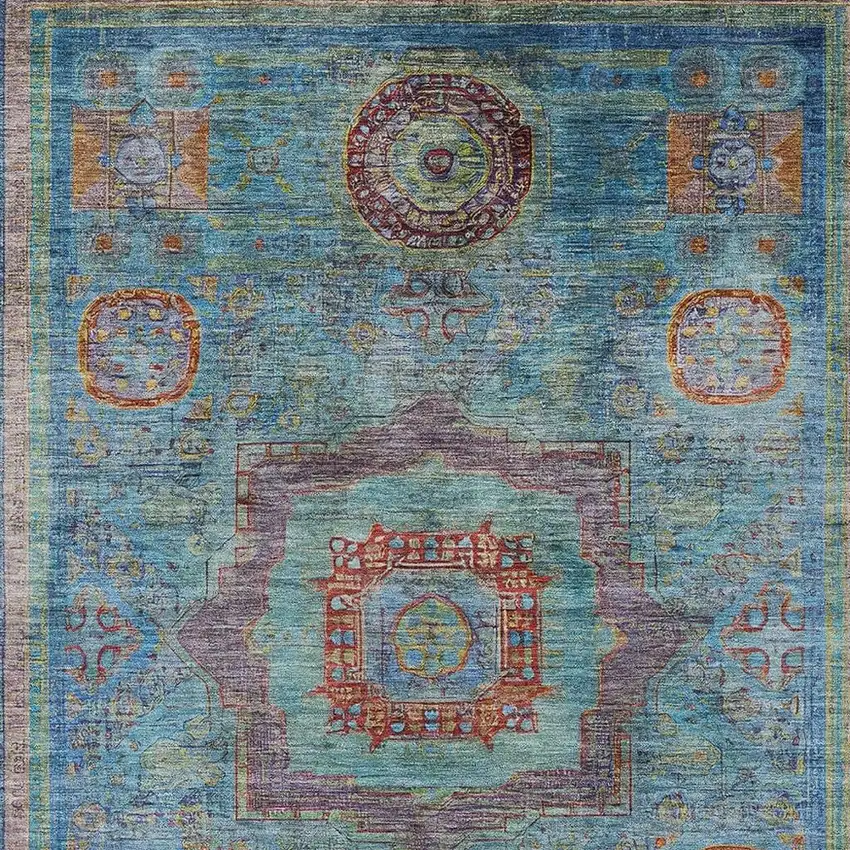 Teal Blue Plum And Copper Oriental Washable Indoor Outdoor Area Rug Photo 3