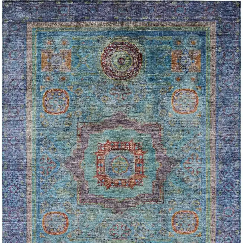 Teal Blue Plum And Copper Oriental Washable Indoor Outdoor Area Rug Photo 5