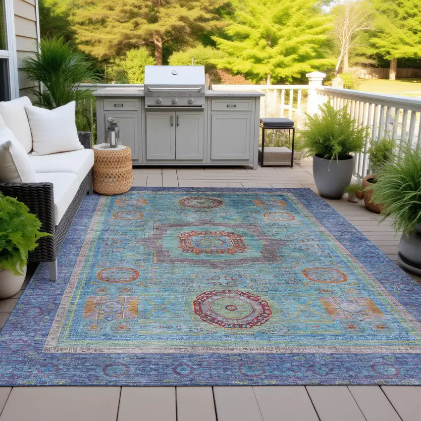 Teal Blue Plum And Copper Oriental Washable Indoor Outdoor Area Rug Photo 7