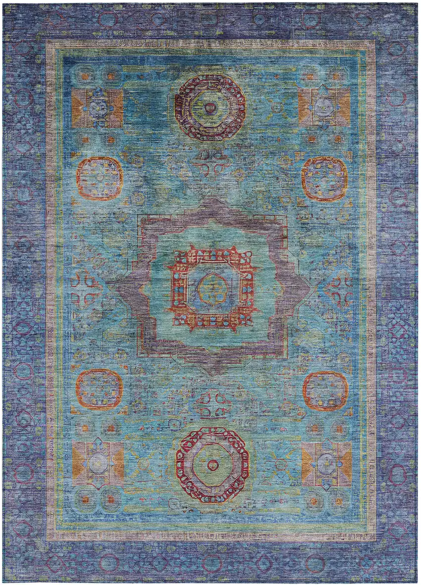 Teal Blue Plum And Copper Oriental Washable Indoor Outdoor Area Rug Photo 3