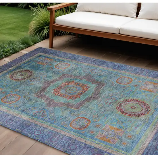 Teal Blue Plum And Copper Oriental Washable Indoor Outdoor Area Rug Photo 2