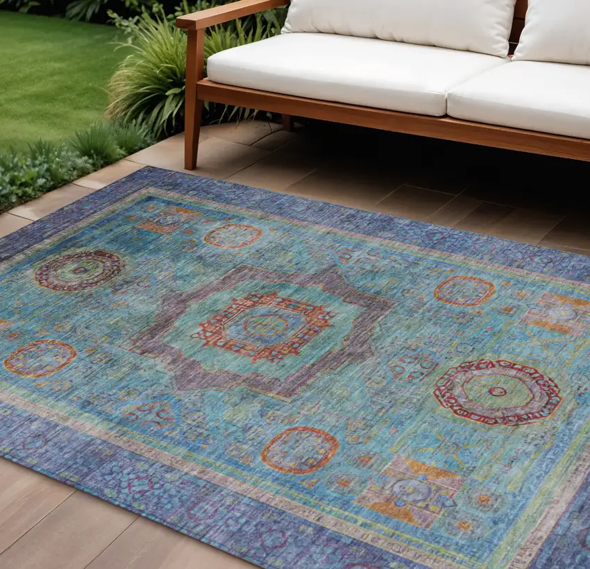 Teal Blue Plum And Copper Oriental Washable Indoor Outdoor Area Rug Photo 2