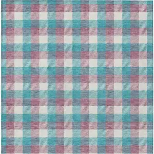 Photo of Teal Blue Purple And Beige Plaid Washable Indoor Outdoor Area Rug
