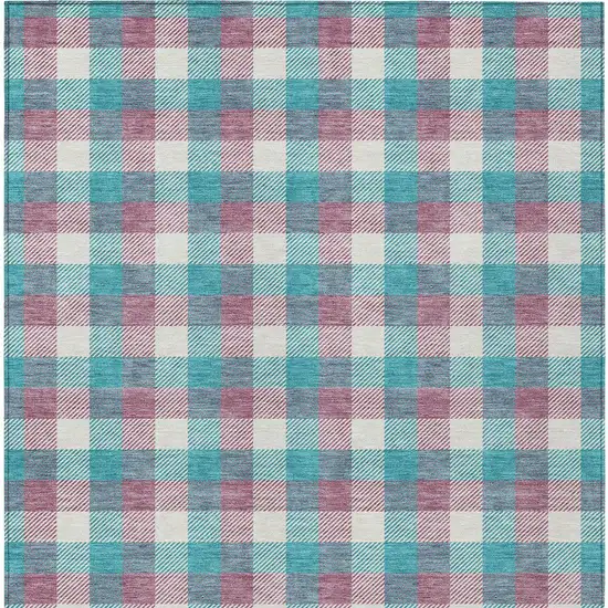 Teal Blue Purple And Beige Plaid Washable Indoor Outdoor Area Rug Photo 6