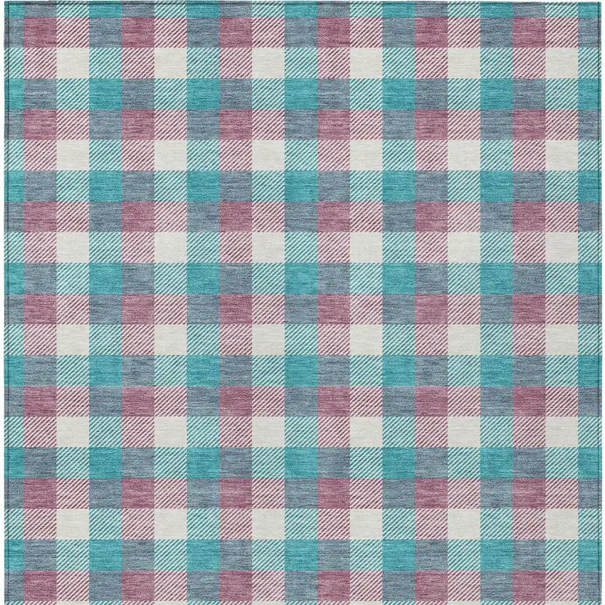 Teal Blue Purple And Beige Plaid Washable Indoor Outdoor Area Rug Photo 6