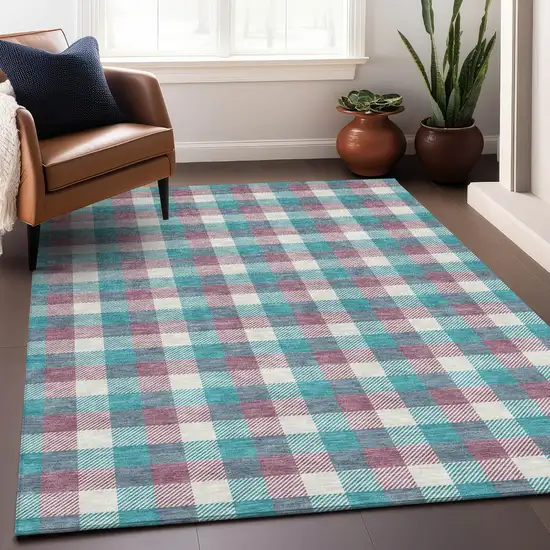 Teal Blue Purple And Beige Plaid Washable Indoor Outdoor Area Rug Photo 8