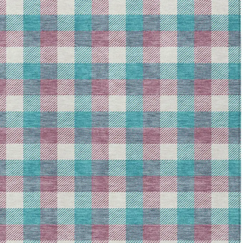 Teal Blue Purple And Beige Plaid Washable Indoor Outdoor Area Rug Photo 5