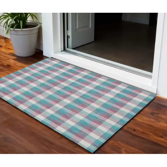Teal Blue Purple And Beige Plaid Washable Indoor Outdoor Area Rug Photo 1