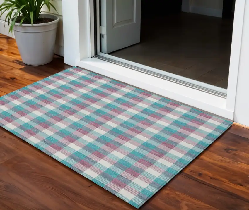 Teal Blue Purple And Beige Plaid Washable Indoor Outdoor Area Rug Photo 1