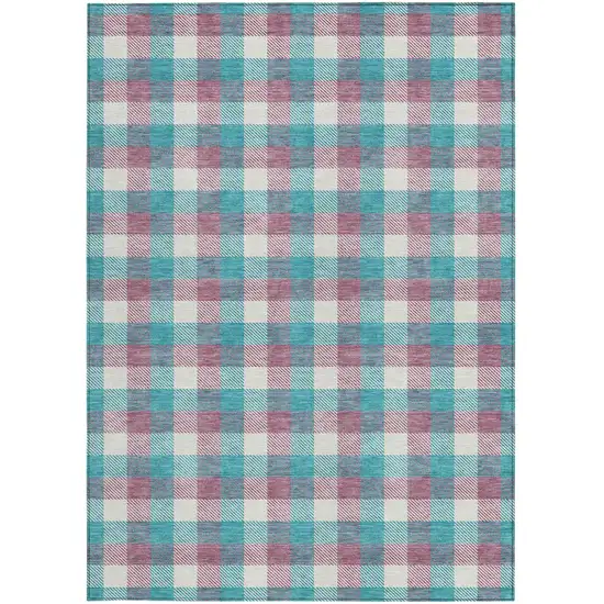 Teal Blue Purple And Beige Plaid Washable Indoor Outdoor Area Rug Photo 6