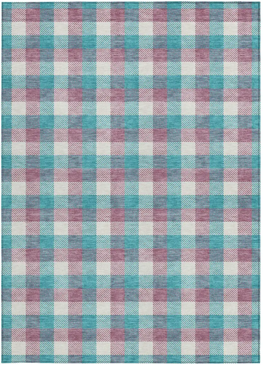 Teal Blue Purple And Beige Plaid Washable Indoor Outdoor Area Rug Photo 6